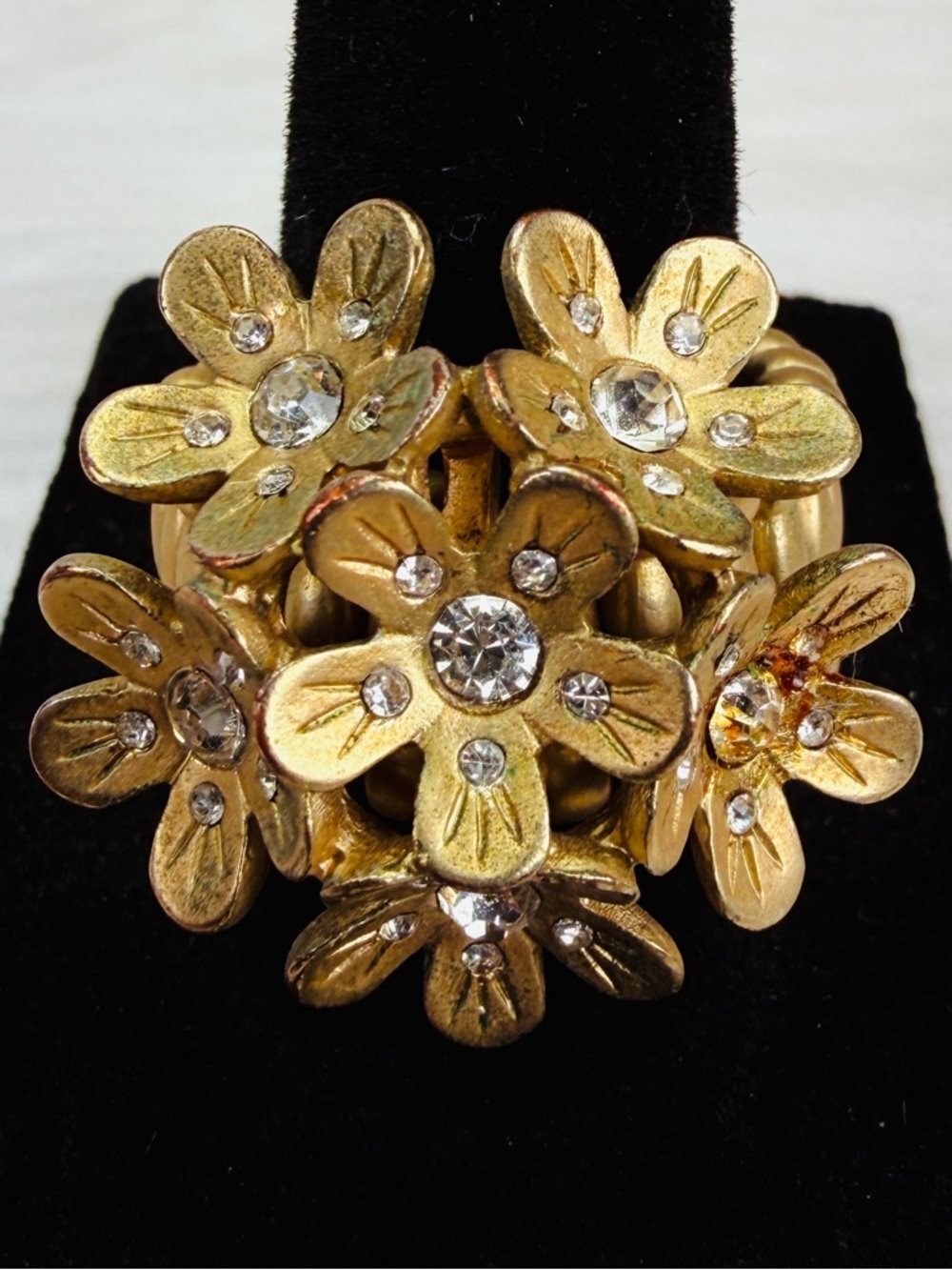 Matte goldtone, flower bling adjustable statement ring